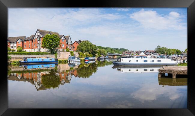 Panorama of colourful narrow boats reflecting on t Framed Print by Jason Wells