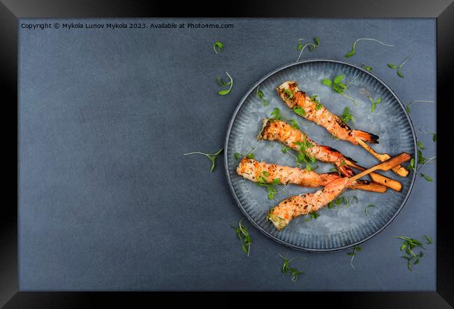 Large shrimp grill, seafood Framed Print by Mykola Lunov Mykola