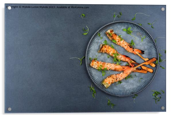 Large shrimp grill, seafood Acrylic by Mykola Lunov Mykola