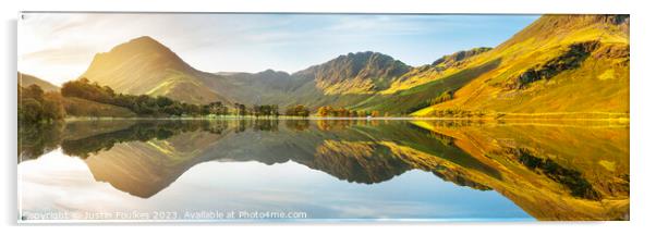 Buttermere Reflections panorama, Lake District Acrylic by Justin Foulkes