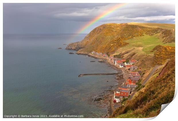 Crovie Fishing Village and Rainbow, Scotland. Print by Barbara Jones