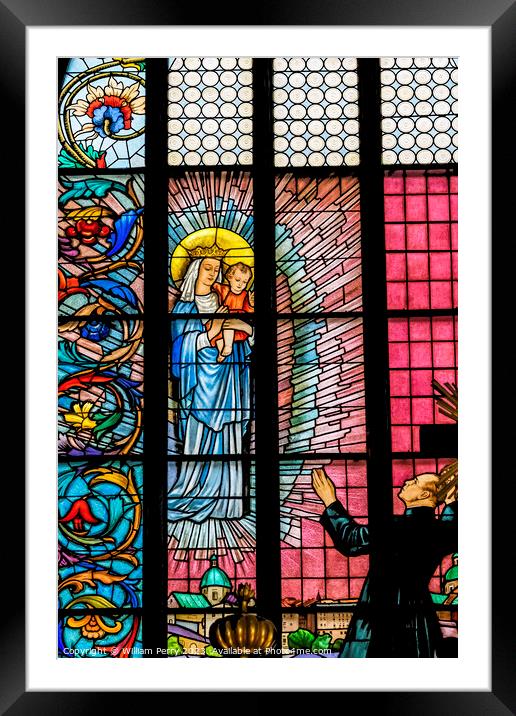 Praying Mary Stained Glass St Mary's Basilica Krakow Poland Framed Mounted Print by William Perry