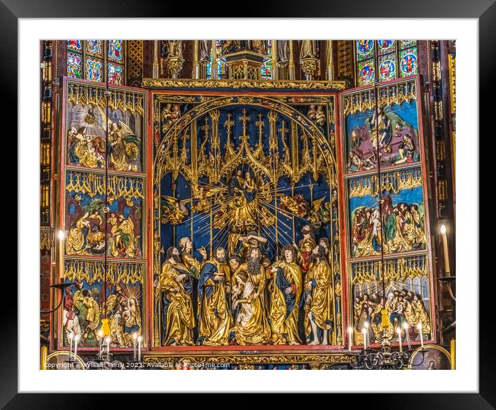 Colorful Triptych Altar St Mary's Basilica Church Krakow Poland Framed Mounted Print by William Perry