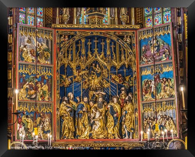 Colorful Triptych Altar St Mary's Basilica Church Krakow Poland Framed Print by William Perry