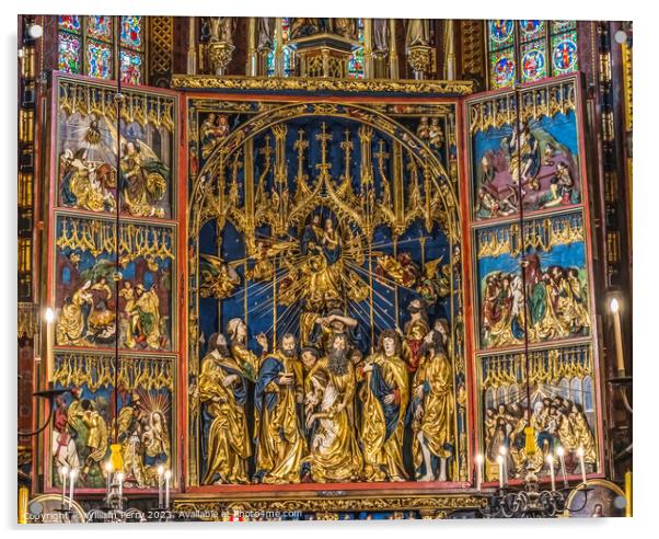 Colorful Triptych Altar St Mary's Basilica Church Krakow Poland Acrylic by William Perry