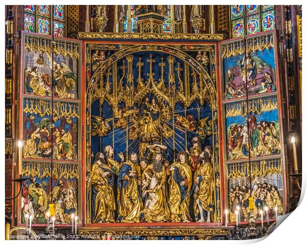 Colorful Triptych Altar St Mary's Basilica Church Krakow Poland Print by William Perry