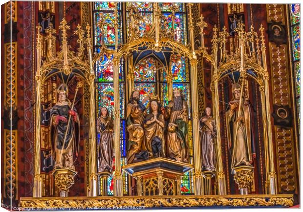 Mary Statues Altar St Mary's Basilica Church Krakow Poland Canvas Print by William Perry