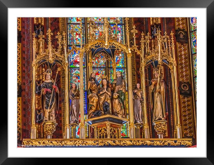 Mary Statues Altar St Mary's Basilica Church Krakow Poland Framed Mounted Print by William Perry