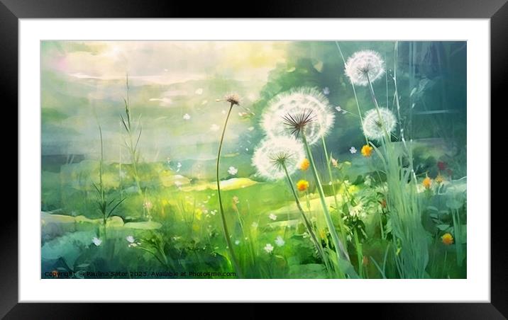 Dandelions on a green meadow Framed Mounted Print by Paulina Sator