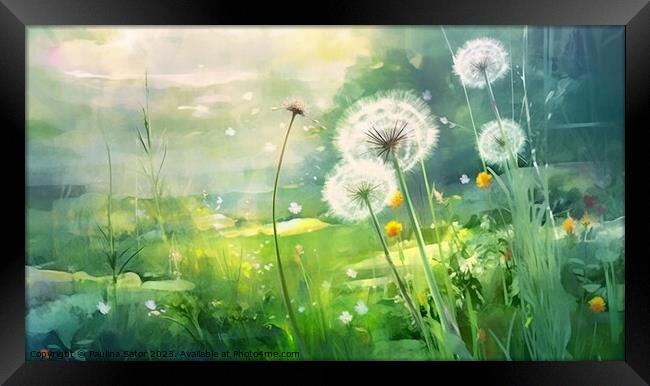 Dandelions on a green meadow Framed Print by Paulina Sator