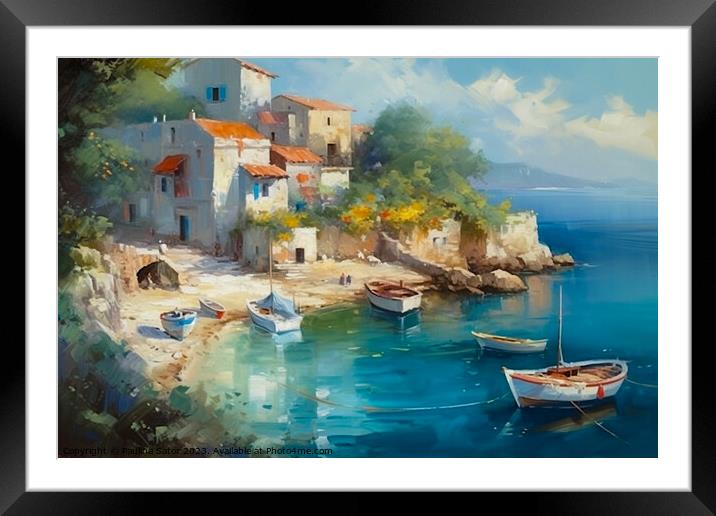 Greek village by the sea Framed Mounted Print by Paulina Sator