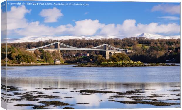 Menai Strait, Bridge and Mountains from Anglesey Canvas Print by Pearl Bucknall