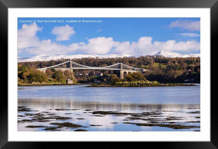 Menai Strait, Bridge and Mountains from Anglesey Framed Mounted Print by Pearl Bucknall