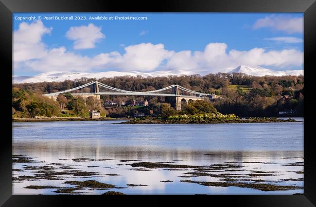 Menai Strait, Bridge and Mountains from Anglesey Framed Print by Pearl Bucknall