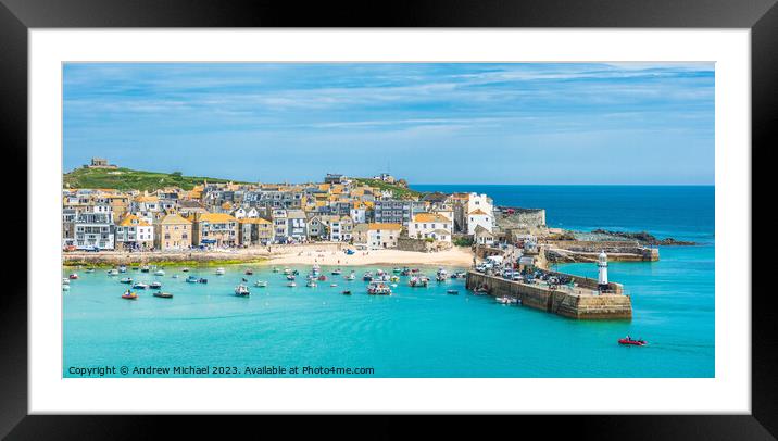 Elevated views of the popular seaside resort of St. Ives Framed Mounted Print by Andrew Michael