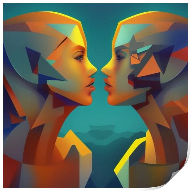 AI-Generated Cubist Portrait of a Couple Print by Luigi Petro