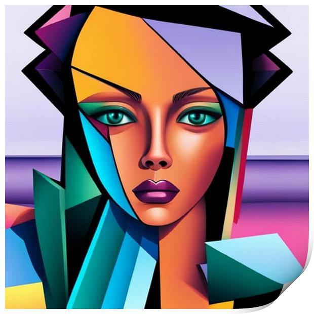 Cubist style portrait of a young woman. Print by Luigi Petro