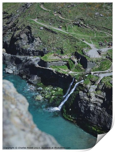 Tintagel waterfall cliffs Print by Charles Powell