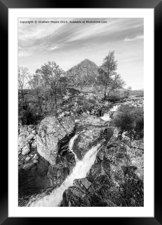 Buachaille Etive Mor and River Coupall falls monochrome Framed Mounted Print by Graham Moore