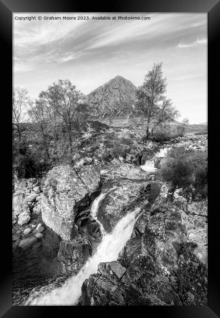 Buachaille Etive Mor and River Coupall falls monochrome Framed Print by Graham Moore