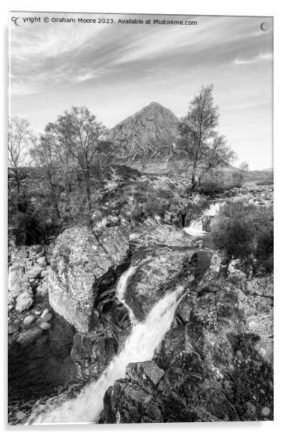 Buachaille Etive Mor and River Coupall falls monochrome Acrylic by Graham Moore