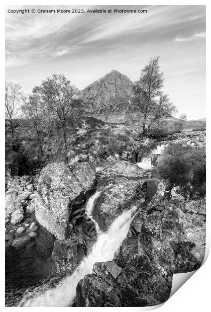 Buachaille Etive Mor and River Coupall falls monochrome Print by Graham Moore