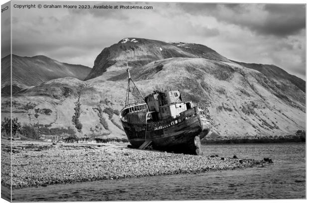 MV Dayspring wreck at Corpach monochrome Canvas Print by Graham Moore