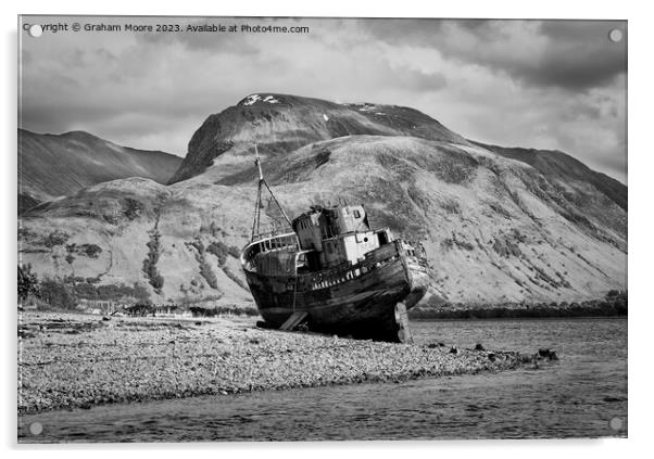 MV Dayspring wreck at Corpach monochrome Acrylic by Graham Moore