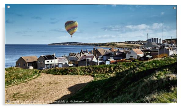 Burghead Village Seascape with Hot Air Balloon Acrylic by Tom McPherson