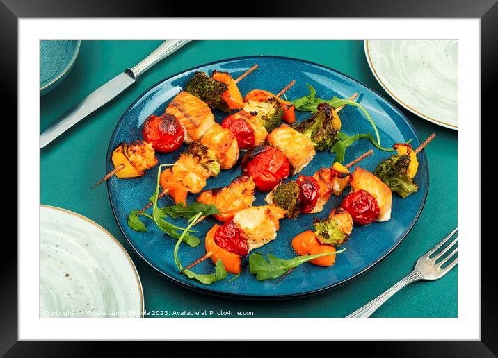Grilled skewers of salmon and vegetables. Framed Mounted Print by Mykola Lunov Mykola
