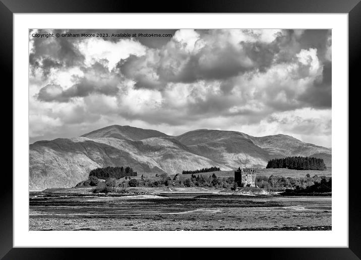 Castle Stalker Appin Scotland monochrome Framed Mounted Print by Graham Moore