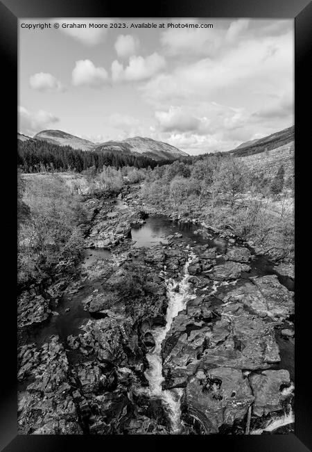 Falls of Orchy elevated view monochrome Framed Print by Graham Moore