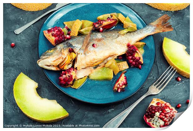 Fish roasted with melon, grilled dorado. Print by Mykola Lunov Mykola