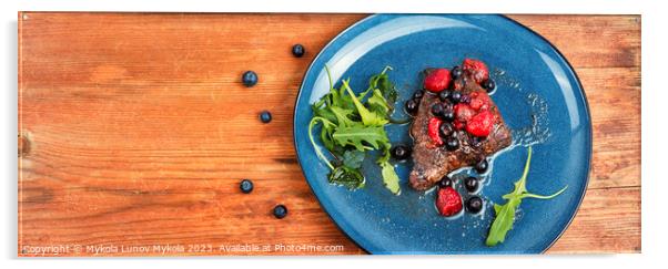Beef steak in berry sauce on plate. Acrylic by Mykola Lunov Mykola