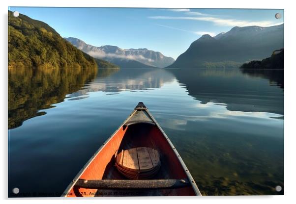 The morning mist cools the calm lake on which a lone canoe float Acrylic by Joaquin Corbalan