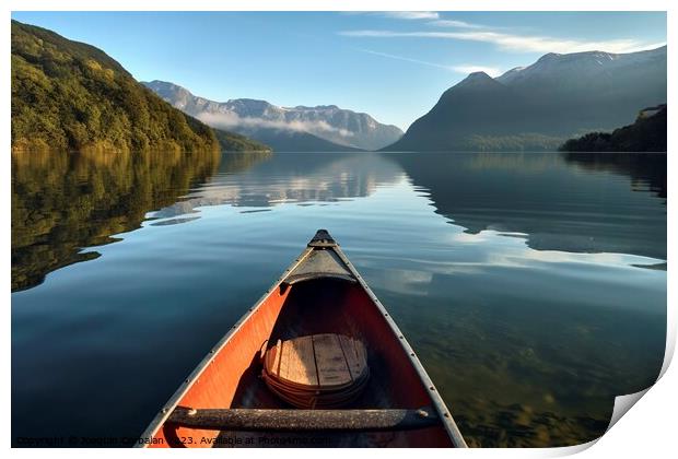 The morning mist cools the calm lake on which a lone canoe float Print by Joaquin Corbalan