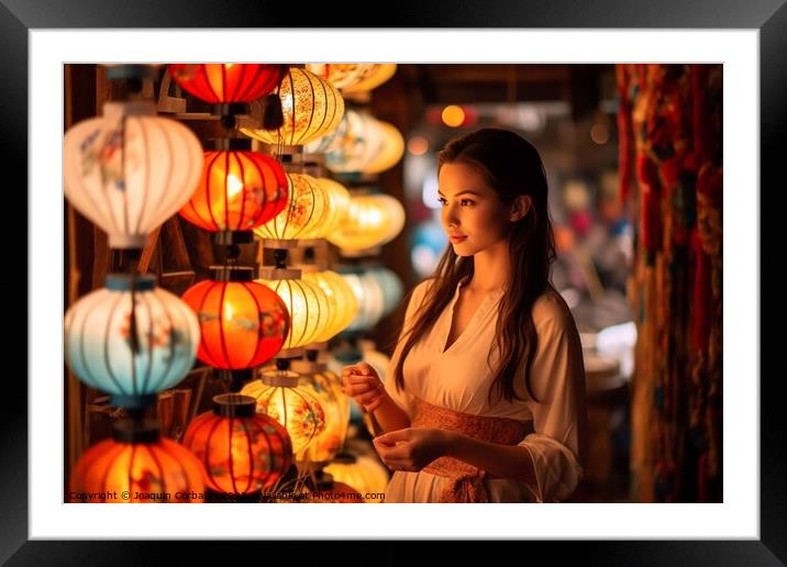 Vietnamese woman orders the lit lanterns at a street stall. Ai g Framed Mounted Print by Joaquin Corbalan