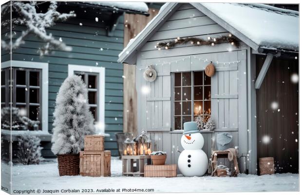 Snowman at the entrance to a house decorated for Christmas durin Canvas Print by Joaquin Corbalan