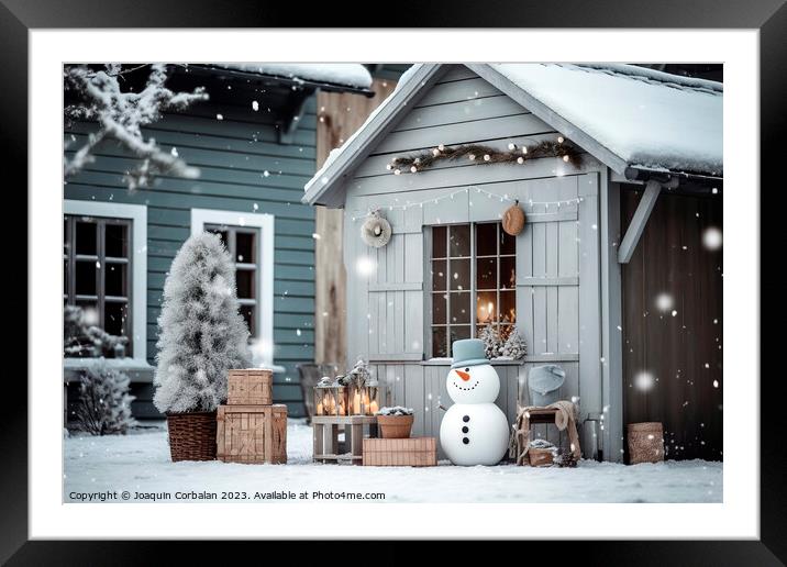 Snowman at the entrance to a house decorated for Christmas durin Framed Mounted Print by Joaquin Corbalan