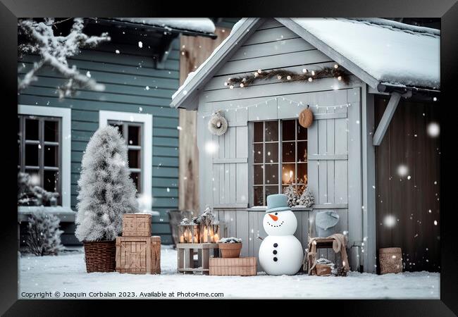 Snowman at the entrance to a house decorated for Christmas durin Framed Print by Joaquin Corbalan