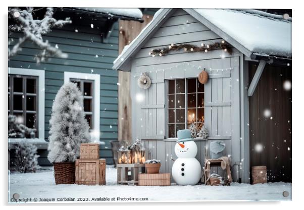 Snowman at the entrance to a house decorated for Christmas durin Acrylic by Joaquin Corbalan