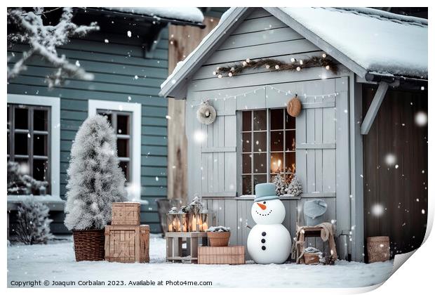 Snowman at the entrance to a house decorated for Christmas durin Print by Joaquin Corbalan