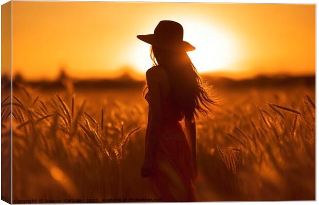 Silhouette of a young woman in a hat who walks at sunset among the grasses of the cereal field. Ai generated. Canvas Print by Joaquin Corbalan