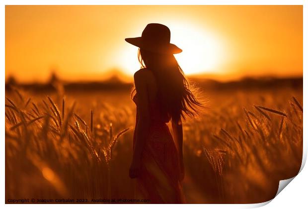 Silhouette of a young woman in a hat who walks at sunset among the grasses of the cereal field. Ai generated. Print by Joaquin Corbalan