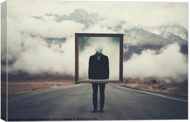 Introspective travel concept, a man holds a frame standing on a road between clouds. Ai generated. Canvas Print by Joaquin Corbalan