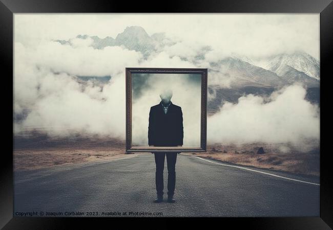 Introspective travel concept, a man holds a frame standing on a road between clouds. Ai generated. Framed Print by Joaquin Corbalan