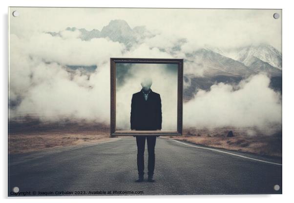 Introspective travel concept, a man holds a frame standing on a road between clouds. Ai generated. Acrylic by Joaquin Corbalan