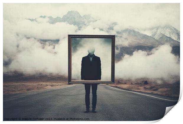 Introspective travel concept, a man holds a frame standing on a road between clouds. Ai generated. Print by Joaquin Corbalan