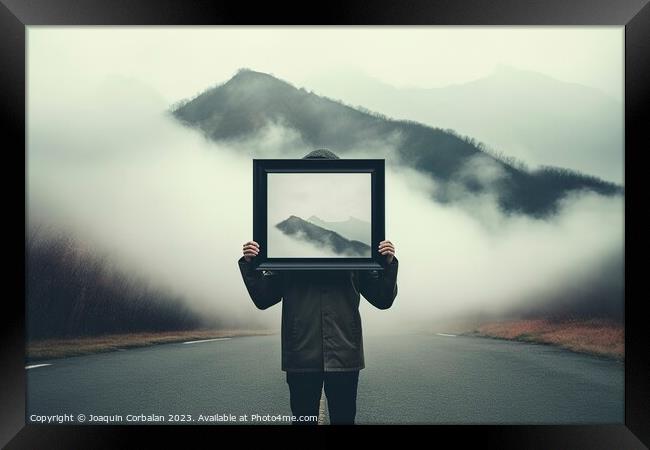 In the introspective travel concept, a man stands  Framed Print by Joaquin Corbalan