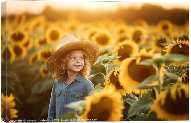 Boy playing among the sunflowers on a nice summer afternoon.Fict Canvas Print by Joaquin Corbalan